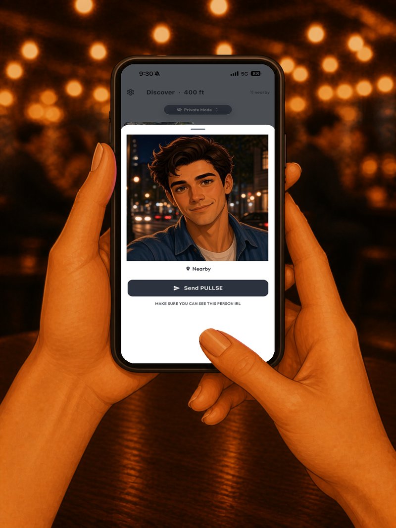 The PULLSE Discover page showing someone nearby with a Send PULLSE button